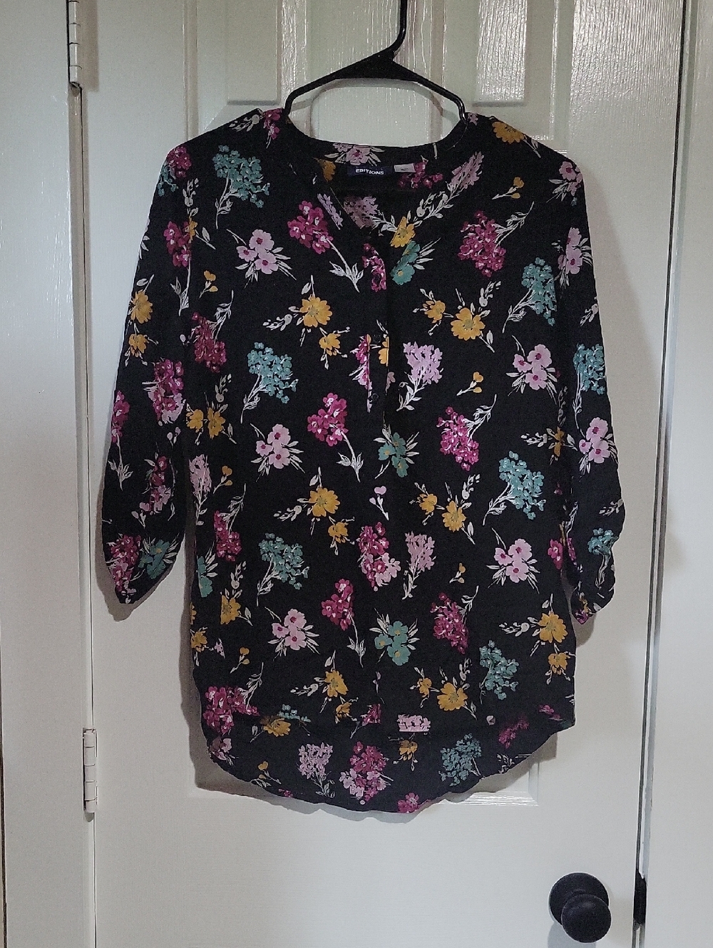 Basic Editions Black Floral Henley Blouse with Pink, Teal & Yellow Flowers